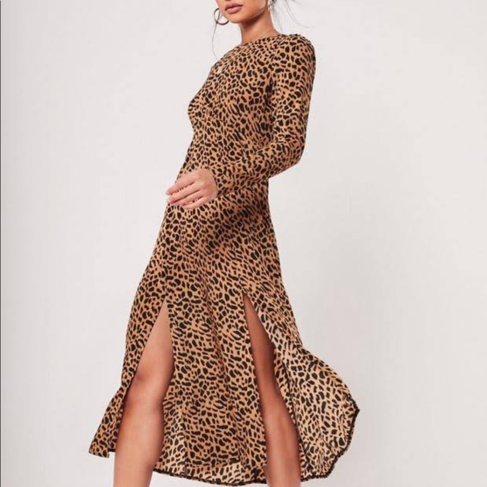 Sz 0 Missguided Brown Leopard Double Split Midi Dress